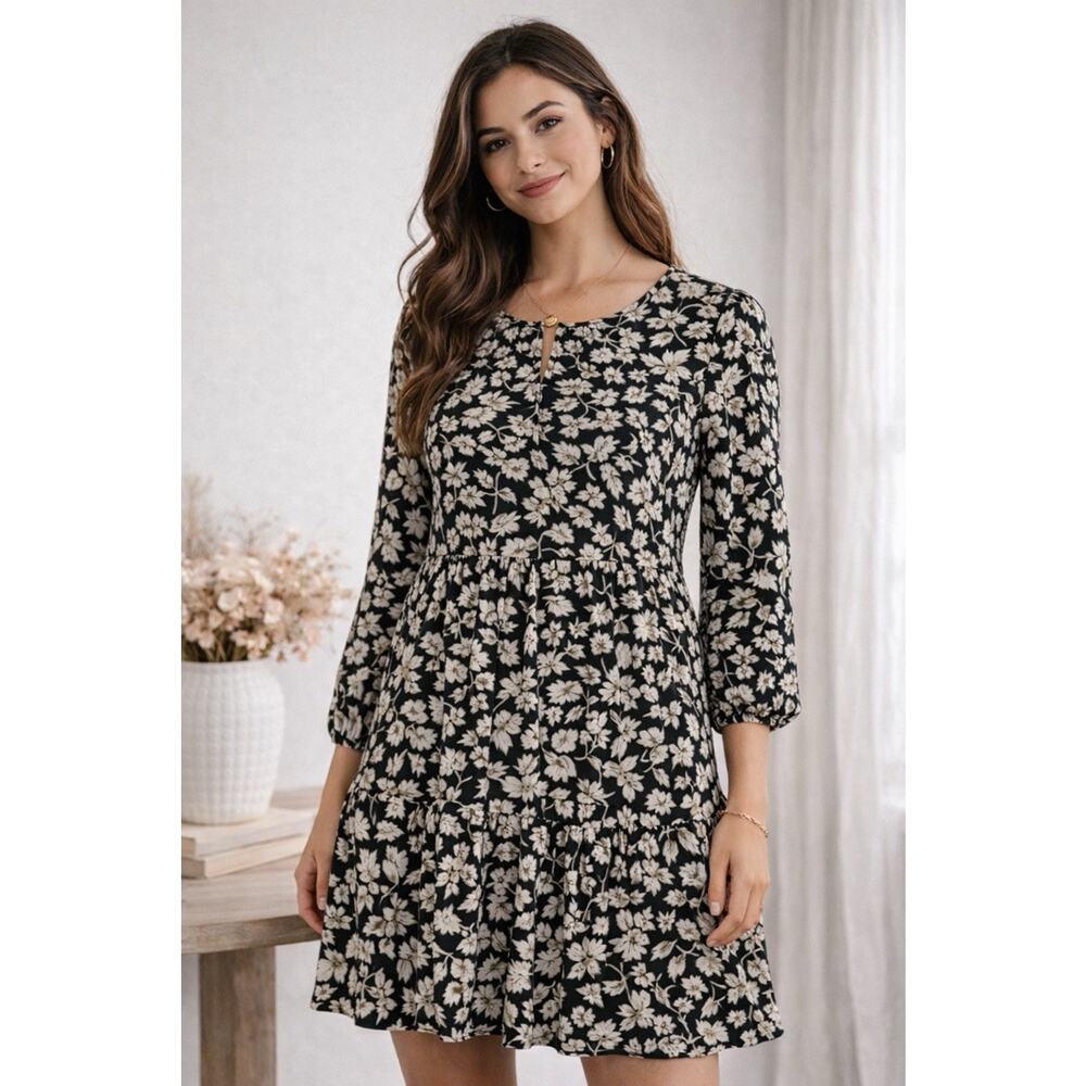 Old Navy Floral Mini Dress M Green White Boho Tiered Long Sleeve Keyhole